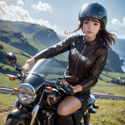 (A young female rider speeds along on a motorcycle)、Vintage Bikes、Bluff Superior SS100、Isle of Man Races、Leather jumper、Cromwell helmet with goggles、After the Rain、English countryside、(Highest quality, masterpiece, High resolution)、8k、wallpaper,masterpiece...