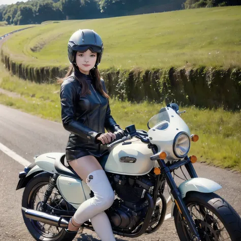 (A young female rider speeds along on a motorcycle)、Vintage Bikes、Bluff Superior SS100、Isle of Man Races、Leather jumper、Cromwell helmet with goggles、After the Rain、English countryside、(Highest quality, masterpiece, High resolution)、8k、wallpaper,masterpiece...