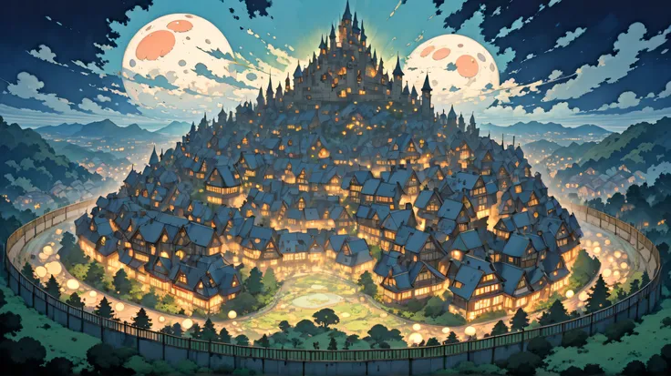 (masterpiece, ultra-detailed, top quality), (cartoon-like illustrations reminiscent of Hayao Miyazaki, Japanese 2D animation, shadows:1.3), distant night view from above, (huge peach moons:1.5), (huge medieval European castle town:1.3).