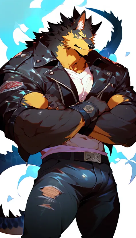 muscular, black body, black dragon, expressionless face, yellow eye, only wearing a black leather jacket on the upper body, yellow belly, arms folded, tight pants with big bulge, canine tooth, tail, night