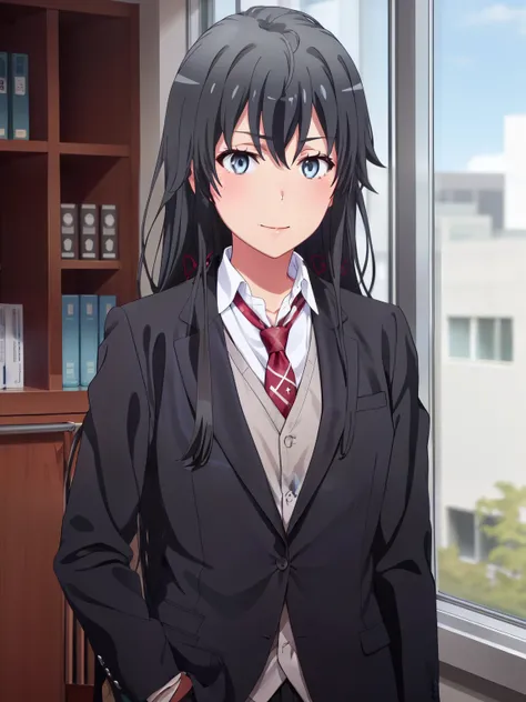 1GIRL , ,yukinoshita yukino ,yukinoshita yukino , woman in formal attractive suit tuxedo tailcoat standing in a large alcove in the room, 1girl, solo, necktie, black hair, blue eyes, long hair, smile, jacket, looking at viewer, shirt, pants, blue necktie, ...