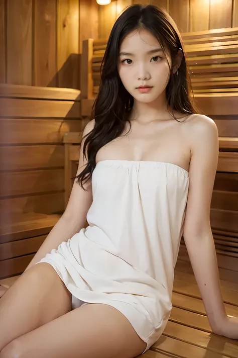 1Girl, Solo, (Masterpiece, Best Quality, 8K,,Photorealistic, real girl, mulberry:1.37), looking up at viewer, 1 dainty Japan, Slender body type: 1.1, Small breasts, Sitting, sauna, Double eyelids, Droopy Eyes, A dark-haired, (Sweaty face, Sweaty body: 1.2)...