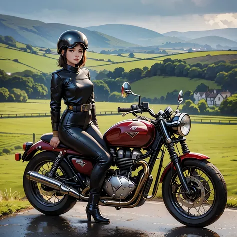 Vintage Bikes、Triumph、Isle of Man Races、(Young female rider stands on the back of her bike for a photo)、Leather jumper、Cromwell helmet with goggles、after the rain、English countryside landscape、