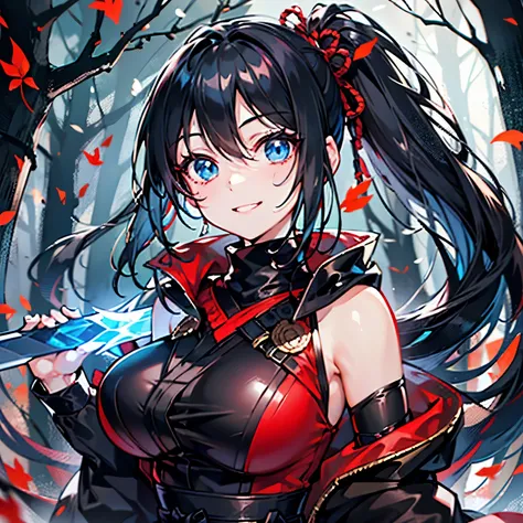  blue eyes、Clear black hair、 smile with closed mouth,Create a smiling anime-style character with a long, dark ponytail. The character must wear a black and red ninja costume with exposed shoulders and be wielding icy blades. The background will be a myster...