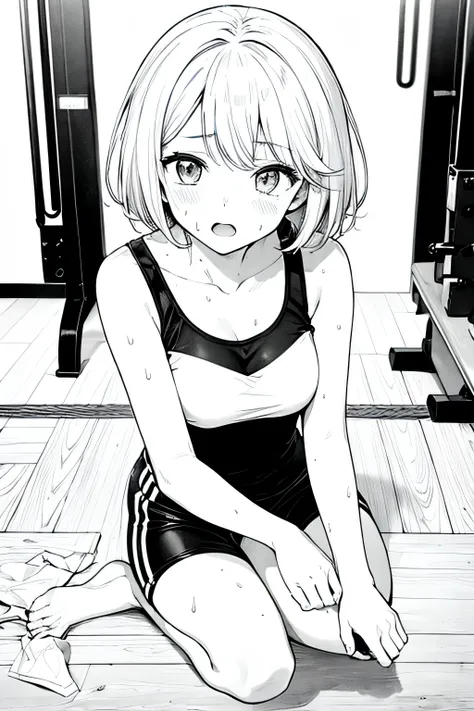 1 short haired girl ,Age 15,Gym clothes,Black and white line drawing,sweat, open her mouth ,