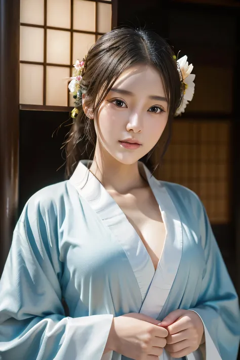 a cute girl in a kimono,(elegant,refined,graceful:1.2),large bust,very detailed face, beautiful detailed eyes, beautiful detailed lips, extremely detailed facial features, porcelain skin, delicate features, flawless skin, perfectly symmetrical face, (best ...