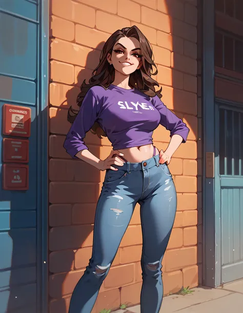 1 girl, Long Brunette Hair, Red Eyes, purple shirt , Blue long flare jeans, thong , long legs , Sly face., smirk , large , hands on hips , roadside wall