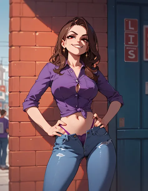 1 girl, Long Brunette Hair, Red Eyes, purple shirt , Blue long flare jeans, thong , unbuttoned jeans , Sly face., smirk , large , hands on hips , roadside wall