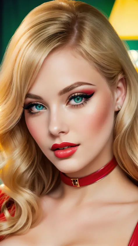 a beautiful young woman, blonde, green eyes, detailed face, beautiful detailed eyes, beautiful detailed lips, long eyelashes, red lipstick, 1960s pinup style, vivid colors,  glamorous, sensual, pinup girl, retro aesthetic