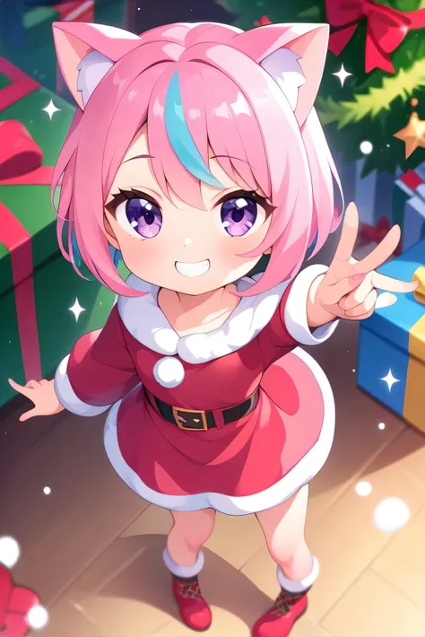 (((pink and light blue))) ((streaked hair)), highlights hair, Christmas background 、 Santa costume、 short hair, masterpiece, smiling, from above, full body shot, purple eyes, , with cat ears, loli , line art , , 1girl