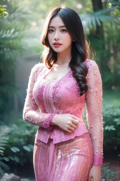 Create a photorealistic masterpiece of a beautiful woman with long hair wearing traditional Indonesian kebaya attire. Set her against a dark, forest backdrop with a captivating glow in the background and bokeh effect. Ensure the image quality is 8K with ul...