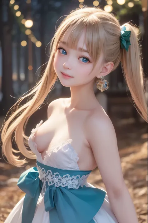 ((masterpiece)), ((highest quality、Ultra high definition)), (Very detailed),8k、Photo quality、((Amazingly cute girl))ld girl)), Two people, , (Beautiful emerald blue eyes), ((smile)),Deep in the autumn forest, Beautifully arranged blond hair in twin tails、w...