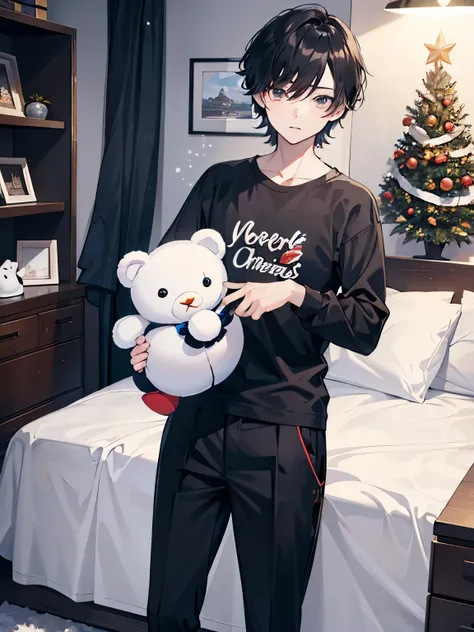  short hair　 (((male)))　 black hair　pants　 street fashion 　 Long Sleeve 　snow 　 Christmas　 giveaway　 Plush Bear 　 in the room