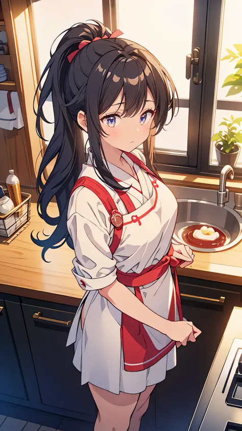 “A high school girl with a calm, serious expression, wearing a neat Japanese school uniform with an apron over it. She has long black hair tied in a ponytail and is standing in a kitchen, holding a piping bag as she decorates a cake with precise, elegant m...