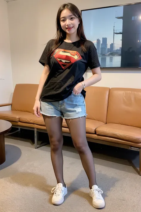 (((masterpiece))), ((( top quality: 1.4))), (( super detailed: 1.4)) ,  movie lights,　Very popular idol、 T-shirts that are too big、Loosely Wearing 、 Shorts 、( Ultra Realistic Pantyhose 、 sneakers),  Lovingly Smiling 、 full body shot、Sassy pose 、