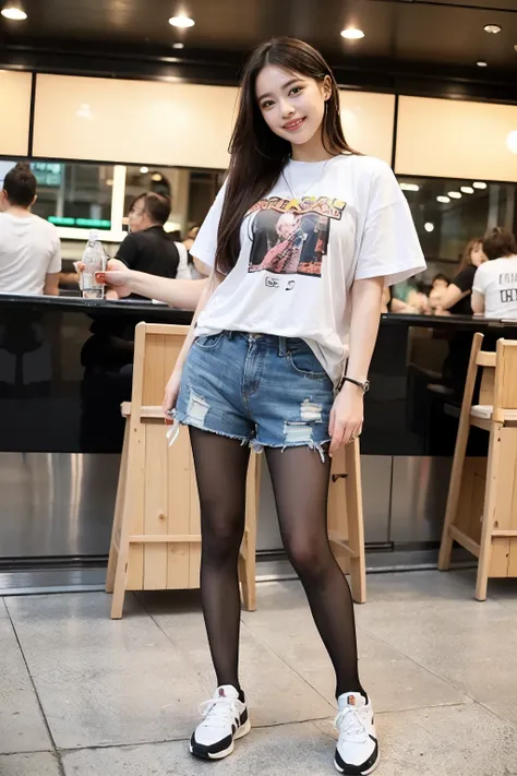 (((masterpiece))), ((( top quality: 1.4))), (( super detailed: 1.4)) ,  movie lights,　Very popular idol、 T-shirts that are too big、Loosely Wearing 、 Shorts 、( Ultra Realistic Pantyhose 、 sneakers),  Lovingly Smiling 、 full body shot、Sassy pose 、