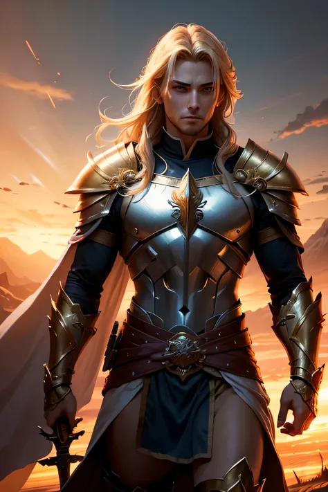 A fearless warrior named Lyzak, leader of a sacred order of light, standing in a dramatic sunset-lit battlefield. He is clad in radiant golden armor adorned with intricate sun motifs, with a flowing white cape edged in gold. His chiseled face shows determi...