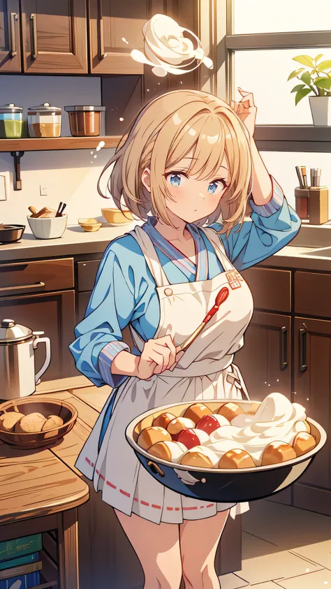 “A high school girl with short, messy hair and an energetic smile, wearing a slightly disheveled Japanese school uniform and an apron. She stands in a kitchen, excitedly stirring a large mixing bowl, with ingredients and flour scattered around her. Her exp...