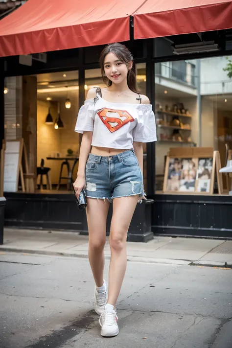 (((masterpiece))), ((( top quality: 1.4))), (( super detailed: 1.4)) ,  movie lights,　Very popular idol、Oversized off-shoulder t-shirt、Loosely Wearing 、 Shorts 、( Ultra Realistic Pantyhose 、 sneakers),  Lovingly Smiling 、 full body shot、Sassy pose 、