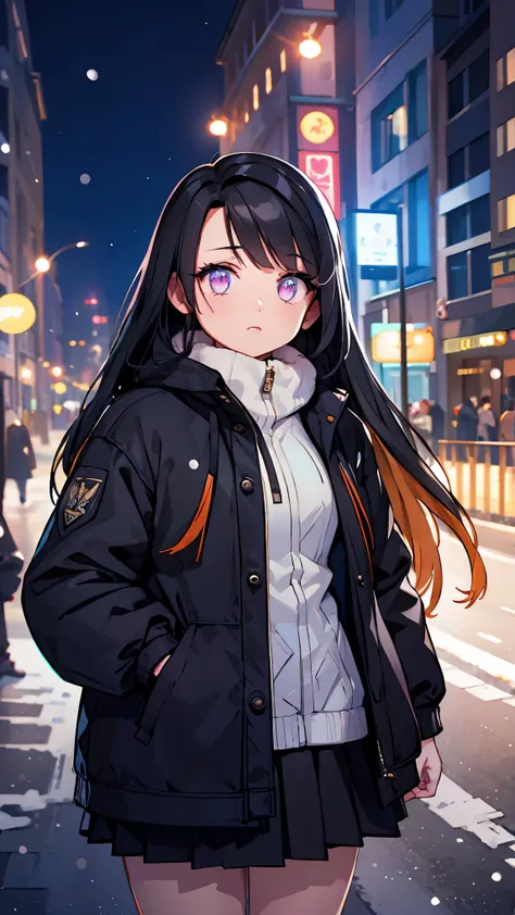 Woman,alone,jacket,skirt,winter, snow,city,night,street,neon lights,Very details,top quality, high precision,beautiful lighting,high precision,detailed skin,very detailed,faces and detailed eyes,realistic eyes,cowboy shot