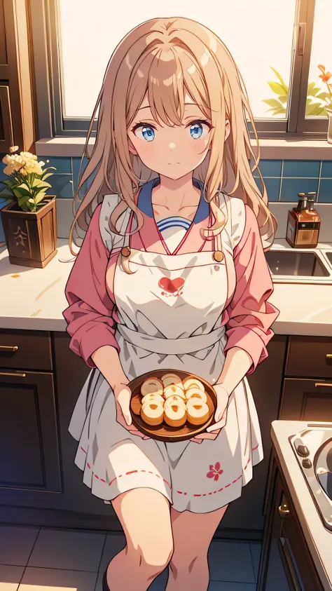 “A high school girl with long, wavy hair and a soft, dreamy expression, wearing a Japanese school uniform and an apron. She stands in a kitchen, gazing absentmindedly at a tray of cookies she’s just taken out of the oven. Her posture is relaxed, and her ey...