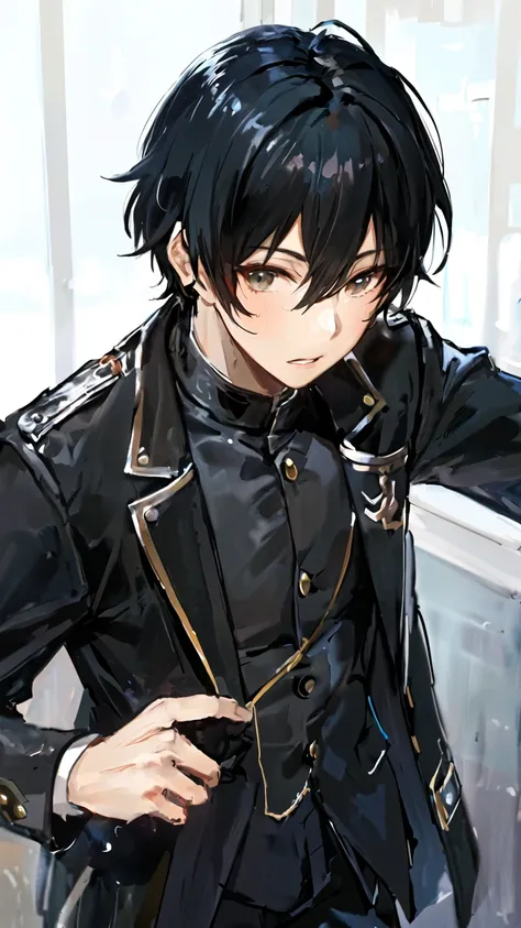 anime black hair boy and black jacket , black hair boy,  detailed portrait of an anime girl, On the boy&#39;s front,  semi-realistic anime style ,  amazing anime face portrait ,  beautiful anime portrait, perfect Black hair boy , Details. Girls Frontline, ...