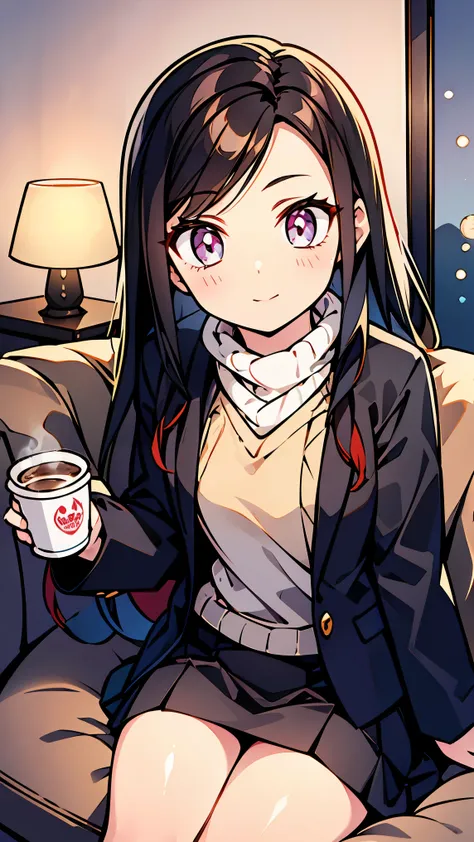 Woman,alone,jacket,skirt,winter,night, home,living room,sitting sofa,one Hot coffee cup,heater,Very details,top quality, high precision,beautiful lighting,high precision,detailed skin,very detailed,faces and detailed eyes,realistic eyes