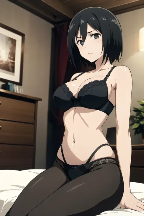 hmmikasa, short hair, black eyes, black hair, solo, 1girl, large breasts, overflowing bra, black lace bra, black lace panties, sitting, bedroom, 