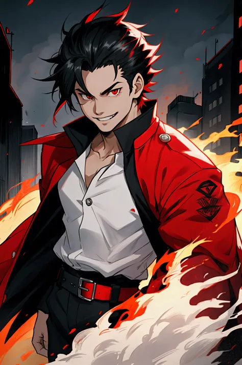 man, strong, black hair, white skin, smile, black blouse, red jacket, fire, fire around, anime style, red eyes, city in the background, focus on the waist up, spiky hair