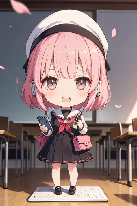 happy girl ( showing teeth), standing, combat pose,  pink hair color, school fund, school fund(classroom), complete anatomy,   graphic effects ,  ornament of a flower-shaped accessory on the head, aura, white cap, notebooks, school supplies , cell phone, E...
