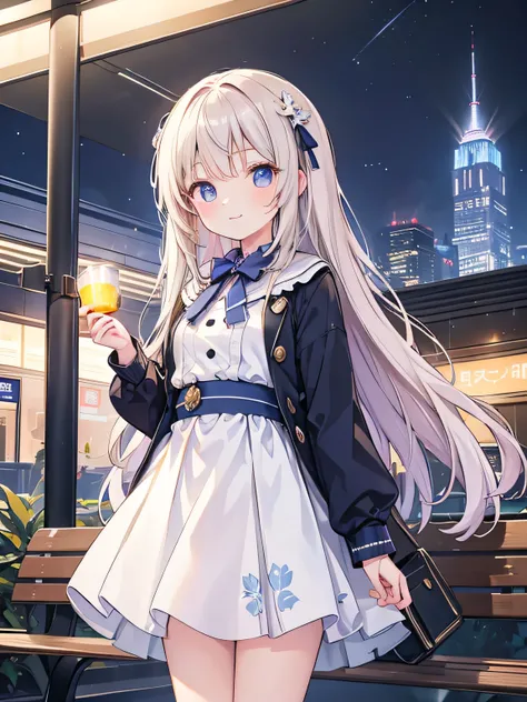  girl,smile,  standing,  Station Home , waiting for the train, the cutest in the world  ,  Details Eye ,  detailed face  , has a glittering night view ,Brilliant Light, beautiful detailed glow photorealistic:2.0, masterpiece,  top quality,  very detailed,w...