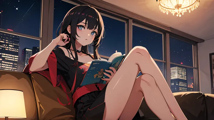 solo leveling anime style, a 25-year-old young female reading a manhwa anime to the audience sitting on the couch in the living room with corea view in night time, front view