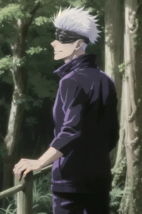 masterpiece, best quality, 1boy, gojou satoru, white hair, short hair, blindfold, smile, black jacket, high collar, upper body, solo, looking up, greenry , night,  night light, forest background , showing back, walking on soil grass