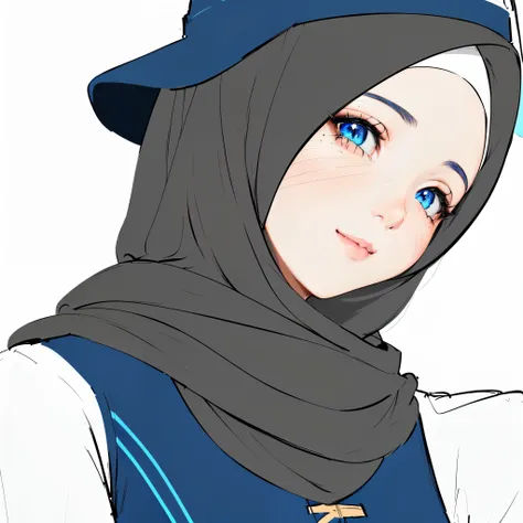 cute anime girl, hijab, blue hat, close-up portrait, smiling, clear cute face, detailed facial features, beautiful detailed eyes, long eyelashes, beautiful detailed lips, flawless skin, soft lighting, digital painting, vibrant colors, (best quality,4k,8k,h...