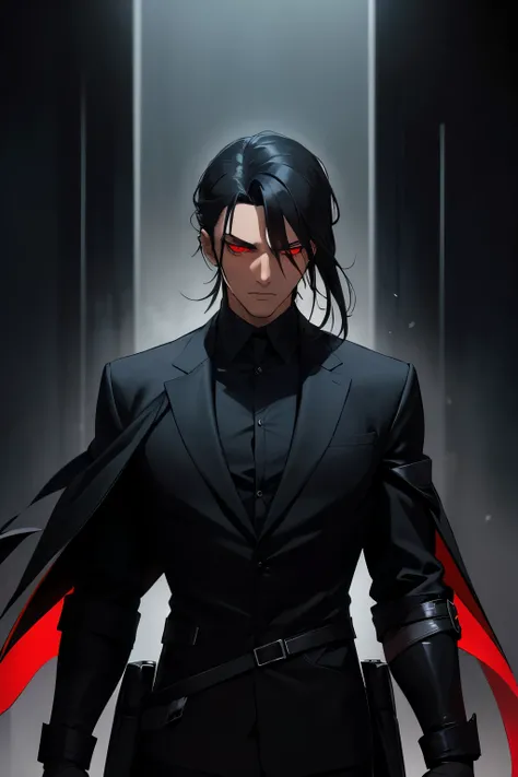 A shadowy and enigmatic male assassin with jet-black hair that falls messily around his sharp face, and piercing red eyes that glow faintly in the darkness, filled with an unsettling intensity. His dark brown skin complements his stealthy appearance, blend...