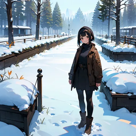 ( High Quality ,  high definition , Very detailed, reality:1.37), Peaceful atmosphere, (Outdoor, garden ,snow),  teenage girl standing alone, Beautiful details,  cute smile, (Black Bob), Ribbed sweater,Brown skirt, Black tights,  brown boots .