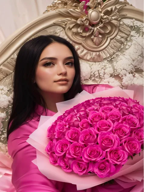 girl in a pink dress with a big bouquet of pink roses,  photographic photography,  extreme detail ,  highest quality, 8k,  masterpiece fails,  detailed hair 