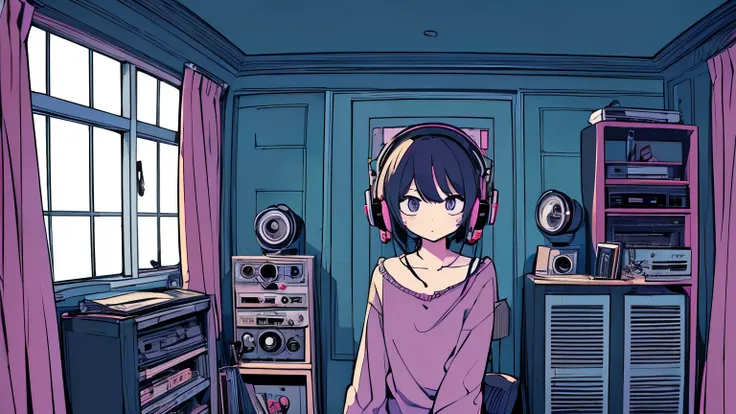  top quality, (masterpiece:1.2), Best detailed face, 1 girl,, 18, 8k, absurd, Unity 8K wallpaper ,( very detailed :1.3), Most realistic, (Retro headphones:1.1),  her room is full of music equipment and records, Light clothing in summer, View the whole room...