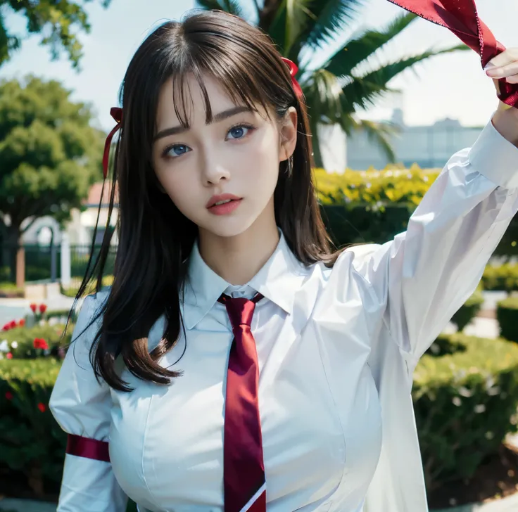 8K quality,  Masterpiece,  bright artistic lighting,  super real , Flower Garden,  one girl,  Brunette with Bangs , (High school girl in uniform), (High chest position:1.3), (Big Breasts:1.3), From the chest up, ( red ribbon tie), (Bright and Sparkling Blu...