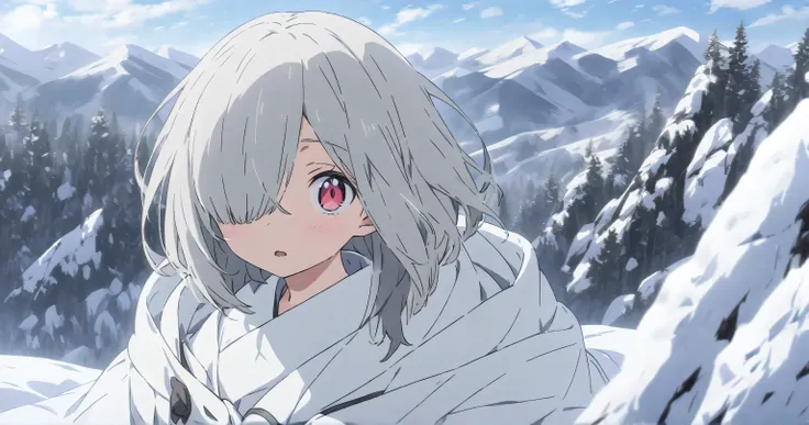  snowy mountains　 girl with gray hair bob　 hide one eye 　 skirt with open pupils 　 tattered white clothes　 scenery main 　anime