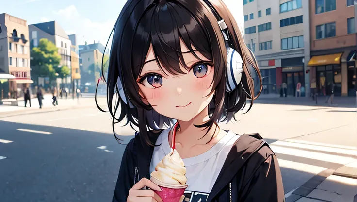  A young dark-haired girl is wearing stylish clothes and labeled headphones "Lo-Fi." I have soft serve ice cream soft-serve ice cream is oozing and dripping from a cone
She smiles happily and happily.  Her hair is carefully drawn down to the smallest detai...