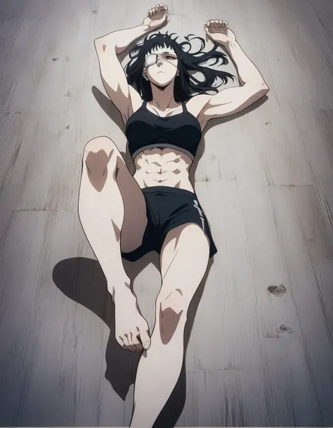 score_9, score_8_up, score_7_up,score_6_up,high resolution,source_anime,s0fiavalm3t,1girl,eyepatch,black hair,long hair,,dramatic shadow,full body,,pov,suspended in air, ,wearing sport bra,black  Elastic fibers sport shorts,Barefoot,relaxing,bedroom,sittin...