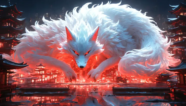 masterpiece, best quality, extremely detailed, hyperrealistic,:1.1 photorealistic, horror, night, red moon, japanese style cityscape, metallic neon white mythical nine-tailed fox, spirit, white with fantastic light effect, glowing white fox, neon outline, ...