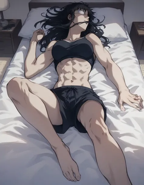 score_9, score_8_up, score_7_up,score_6_up,high resolution,source_anime,s0fiavalm3t,1girl,eyepatch,black hair,long hair,,dramatic shadow,full body,,pov,suspended in air, ,wearing sport bra,black  Elastic fibers sport shorts,Barefoot,relaxing,bedroom,sittin...