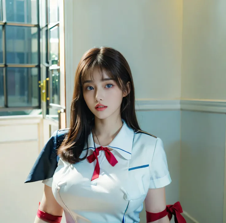 8K quality,  Masterpiece,  bright artistic lighting,  super real , Flower Garden,  one girl,  Brunette with Bangs , (High school girl in uniform), (High chest position:1.3), (Big Breasts:1.3), From the chest up, ( red ribbon tie), (Bright and Sparkling Blu...