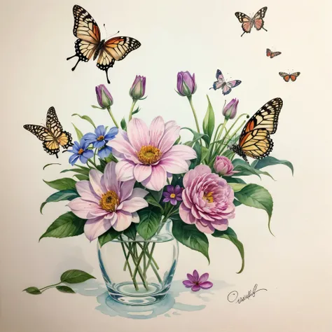 Tatoo in watercolor of flowers with butterflies