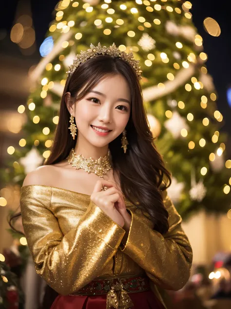  top quality　 Details　masterpiece　 super beautiful woman is smiling and looking at the big Christmas tree　Photo style　 imaginary　 fantasy　Illuminations in the dark 