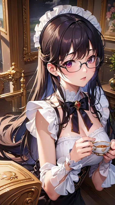 (( top quality)),( super high resolution),( super detailed),( detailed description ),(( best CG )),( Best Artwork ), Ultra Precision Art, Amazing Painting Art,(Exquisite art:1.5),　Maid, クラシカルMaid服, Glasses, Elegant appearance,  tea set 