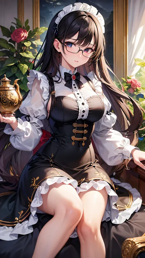 (( top quality)),( super high resolution),( super detailed),( detailed description ),(( best CG )),( Best Artwork ), Ultra Precision Art, Amazing Painting Art,(Exquisite art:1.5),　Maid, クラシカルMaid服, Glasses, Elegant appearance,  tea set 