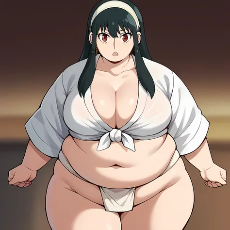 score_9, score_8_up, score_7_up, source_anime, yorbriar, yor briar, black hair, red eyes, earrings, white hairband, hairband, long hair, sidelocks,, mizu happi, fundoshi, japanese clothes, happi, tied shirt, headband, sarashi, cleavage, collarbone, navel,,...